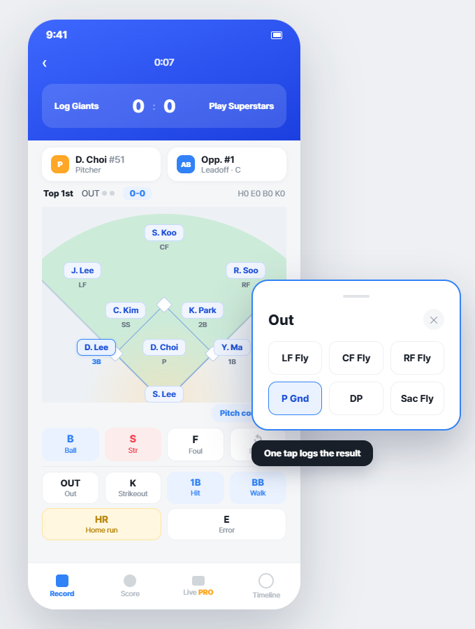 PlayLog real-time scorekeeping screen — ground positions and at-bat entry UI