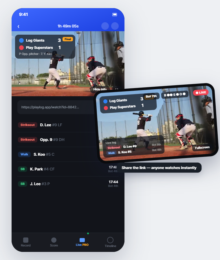 PlayLog live broadcast overlay — score, inning, and ball count synced in real time