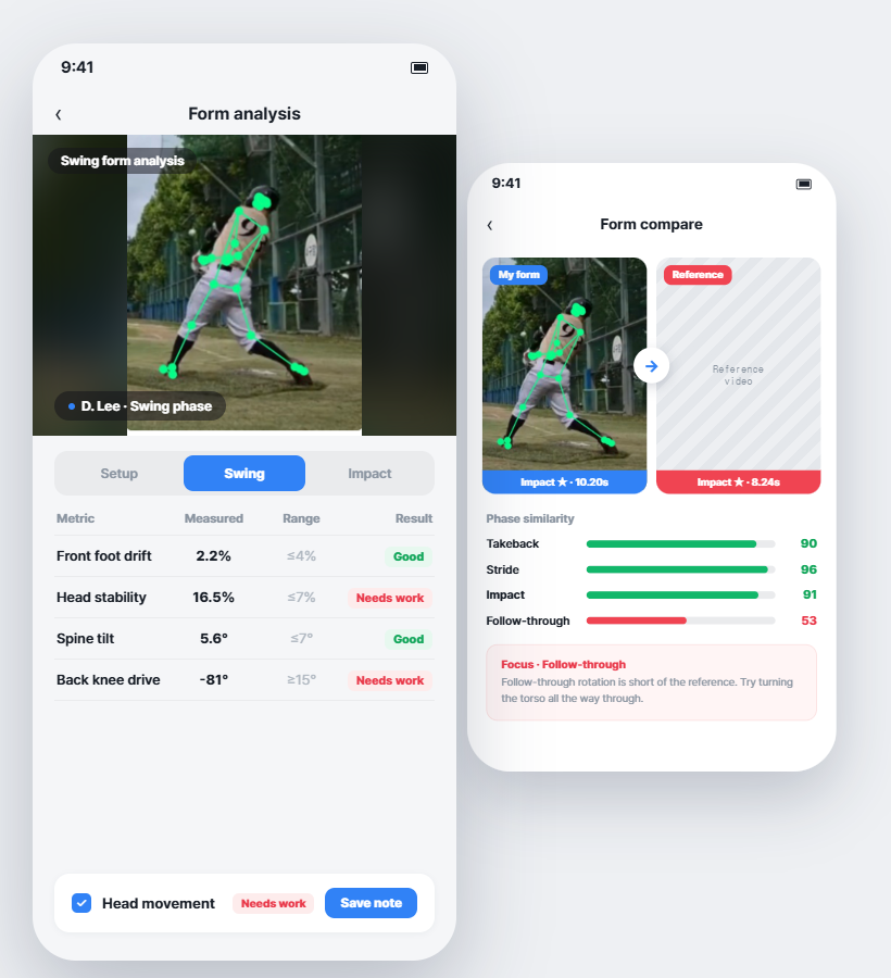 PlayLog video analysis — segment diagnostics, reference player comparison, growth log